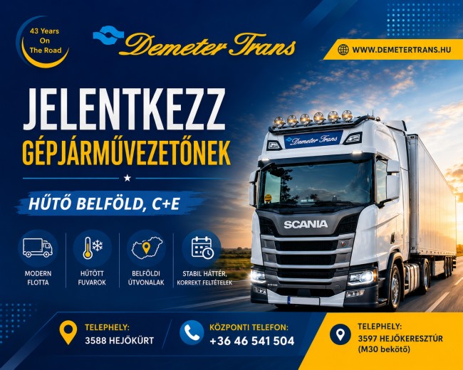 Hűtős szerelvény, belföldi napi bejárós tehergépjárművezető C+E kategória - Demeter Trans